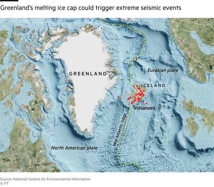 Greenland’s melting ice cap could trigger extreme seismic events. Map showing sea floor of North Atlantic and Mid Atlantic ridge where the North American and Eurasian tectonic plates meet