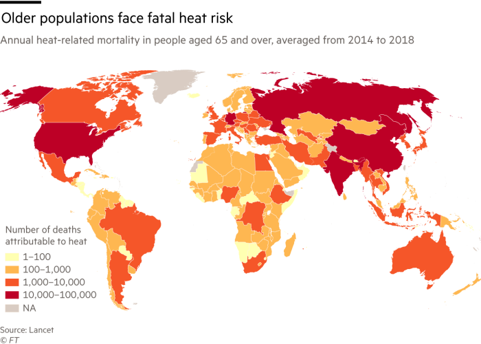 نقشه ای که مرگ و میر سالانه مربوط به گرما را در افراد 65 سال به بالا نشان می دهد ، به طور متوسط ​​از 2014 تا 2018