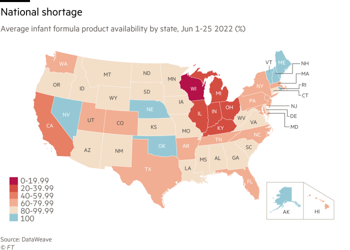 Average availability of infant formula products in the United States by state, June 1-25, 2022 (%)