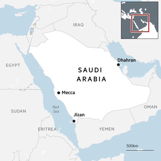 Map showing Mecca and Jizan in Saudi Arabia
