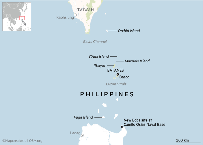 A map of the northern part of the Philippines showing Basco, Batanes and the islands in the Luzon Strait