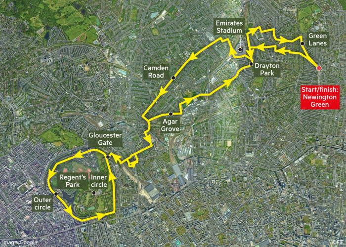 Globetrotter Cycling Map from Newington Green to Regent's Park and back