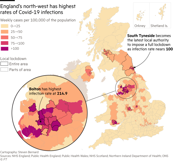 Map showing England’s north-west has highest rates of Covid-19 infections 