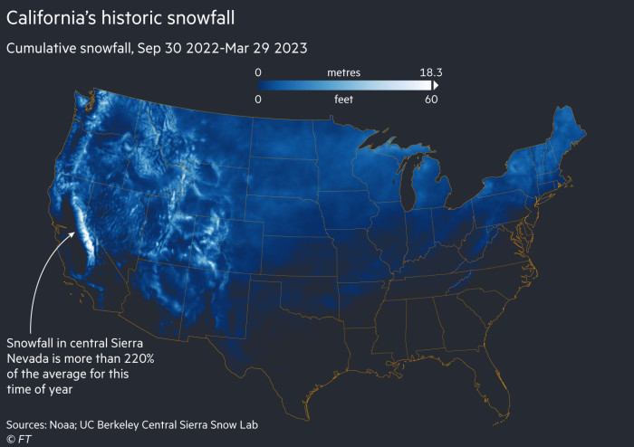 El mapa muestra las nevadas acumuladas en EE. UU., del 30 de septiembre de 2022 al 29 de marzo de 2023