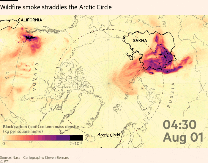 Cartographic animation showing how forest fire smoke from Siberia straddled the Arctic Circle in early August.  Cartographic animation showing the mass density of the black carbon column (kg per square meter) during the first 10 days of August of this year. 