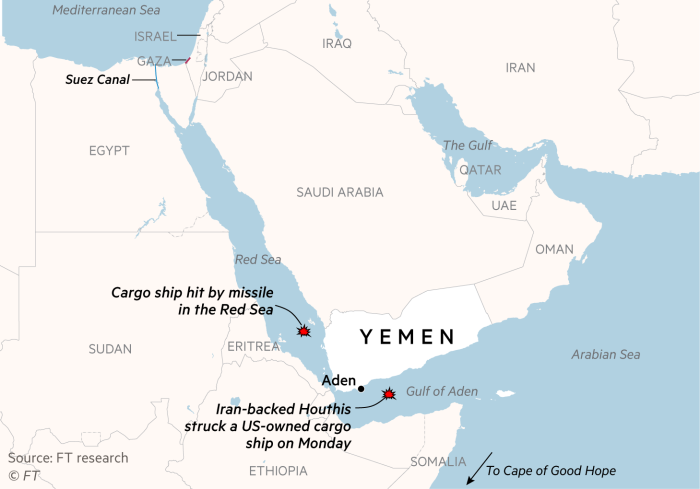 Map showing two container ship strikes near Yemen