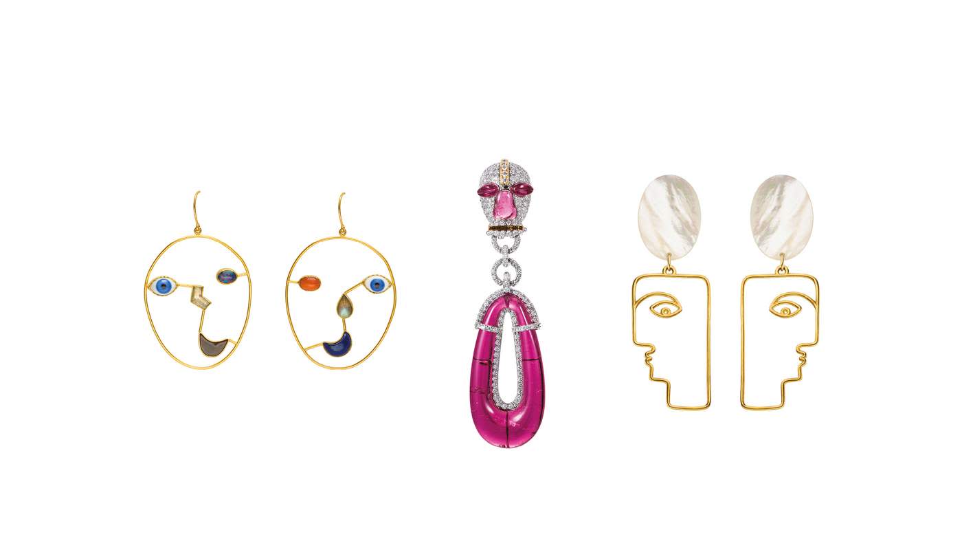 Grainne Morton ‘Face’ earrings, £600. Satta Matturi ‘Artful Indulgence Totem’ earrings, POA. Nina Kastens ‘Mop Face’ earrings, €329