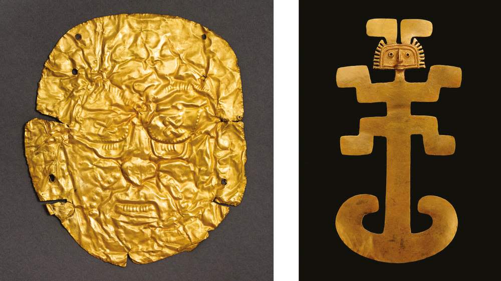 Gold Mixtec mask and Tolima pendant (on show at Golden Kingdoms, Met, NYC) Photo courtesy Metropolitan Museum of Art; ©Clark M Rodríguez