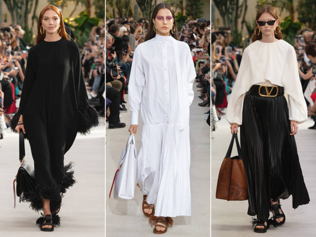 From left: Valentino silk dress, £4,600; cotton dress, £1,890; silk top, £1,590, leather skirt, £3,450, and Valentino Garavani leather belt, £630 
