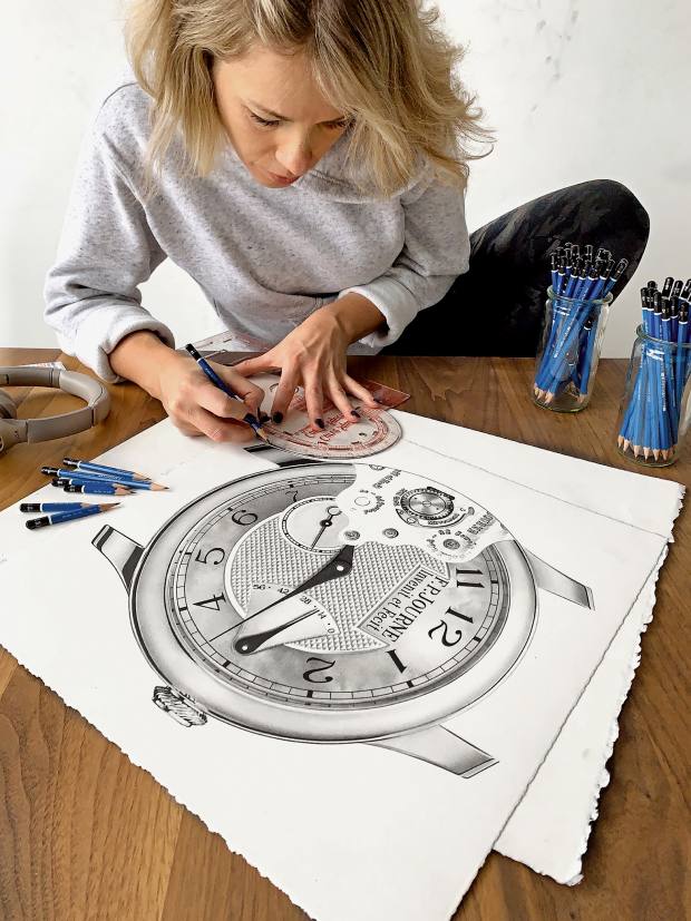 The artist drawing an FP Journe Chronomètre Souverain