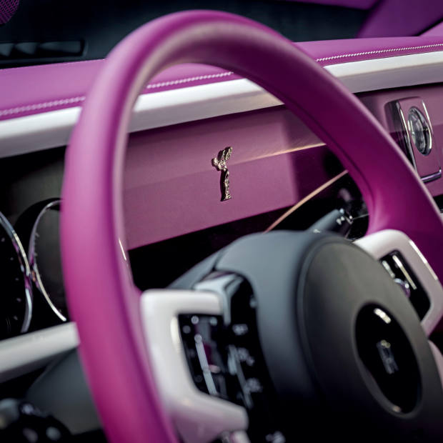 The dashboard of Michael Fux’s Rolls-Royce Phantom in Fuxia, painted in his own personal shade