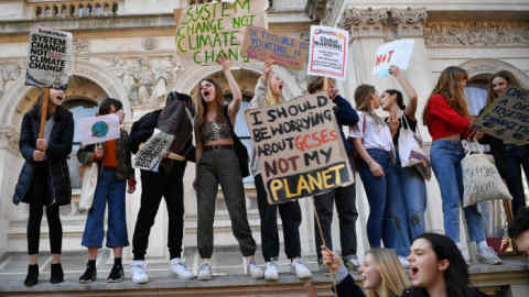Young demonstrators hold placards as they attend a climate change protest organised by &quot;Youth Strike 4 Climate&quot;, on Whitehall in central London on February 15, 2019. - Hundreds of young people took to the streets to demonstrate Friday, with some of them having gone on strike from school, as part of a global youth action over climate change. (Photo by Ben STANSALL / AFP)BEN STANSALL/AFP/Getty Images
