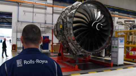 FILE PHOTO: Rolls Royce Trent XWB engines, designed specifically for the Airbus A350 family of aircraft, are seen on the assembly line at the Rolls Royce factory in Derby, November 30, 2016. REUTERS/Paul Ellis/File Photo