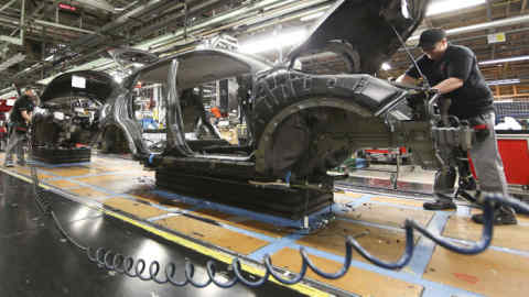 Staff working on the Nissan Qashqai SUV cars at a plant in Sunderland. Nissan is the biggest private employer in the area.