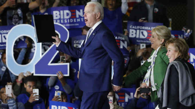 Democratic U.S. presidential candidate and former Vice President Joe Biden appears at his Super Tuesday night rally in Los Angeles, California, U.S., March 3, 2020. REUTERS/Mike Blake