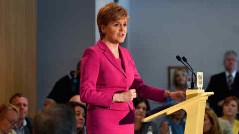 STIRLING, SCOTLAND - SEPTEMBER 02: SNP leader and First Minister of Scotland, Nicola Sturgeon, delivers a speech to party members at the launch of a listening exercise to gauge support for a second referendum on September 2, 2016 in Stirling, Scotland. In her a speech Ms Sturgeon announced that a new debate was needed on Scotland's future in the wake of the Brexit vote. (Photo by Jeff J Mitchell/Getty Images)