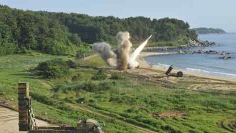 In this photo provided by Eighth U.S. Army, a U.S. MGM-140 Army Tactical Missile is fired into the east sea during the combined military exercise against North Korea at an undisclosed location in South Korea, Wednesday, July 5, 2017. North Korea delighted in the international furor created by its first launch of an intercontinental ballistic missile, vowing Wednesday to never give up its missiles or nuclear weapons and to keep sending Washington more &quot;gift packages&quot; of weapons tests. U.S. and South Korean forces, in response, engineered what was meant as a show of force for Pyongyang, with soldiers from the allied nations firing &quot;deep strike&quot; precision missiles into South Korean territorial waters. The missile firings Tuesday demonstrated U.S.-South Korean solidarity, the U.S. Eighth Army said in a statement. (Eighth U.S. Army via AP)