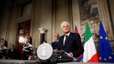 Italian President Sergio Mattarella speaks to media after a meeting with Italy's Prime Minister-designate Giuseppe Conte at the Quirinal Palace in Rome, Italy, May 27, 2018. REUTERS/Alessandro Bianchi?