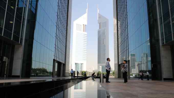 A general view shows the Dubai International Financial Centre in Dubai on October 30, 2017. / AFP PHOTO / KARIM SAHIB