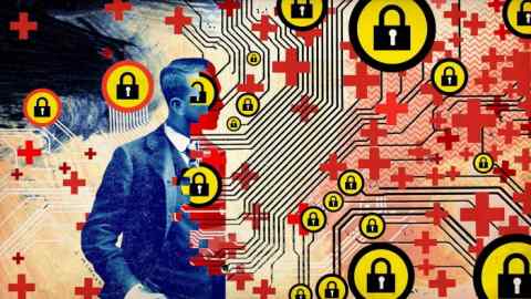 Illustration of a person merging with a data chip with lots of red crosses and padlocks in the background