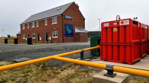 Hydrogen canisters supply homes powered by hydrogen boilers at a hydrogen test facility near Carlisle,