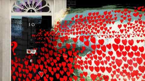 Jonathan McHugh illustration of the 10 Downing Street door with red hearts pouring out of it, some inscribed with ‘Mum’ and ‘Dad’