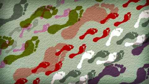 James Ferguson illustration of multicoloured footprints depicting mass immigration