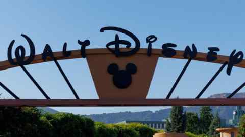 The Walt Disney sign at one of the entrances to Disney Studios in Burbank, California