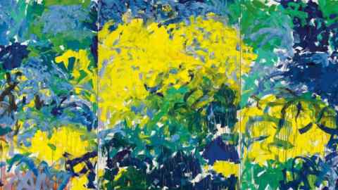 Abstract landscape painting dominated by yellow brushstrokes against blue and green