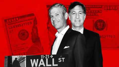 Montage image showing Robert Pruzan, left, and Blair Effron; a Wall Street sign; and a torn $100 bill