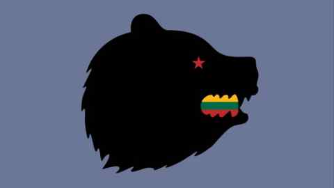 Illustration showing a silhouetted side profile of a bear’s head, with a red star as its eye and the colors of the flag of Lithuania in its mouth