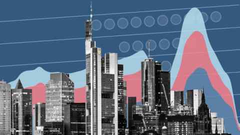Frankfurt skyline set against a chart showing a collapse in property deal volumes