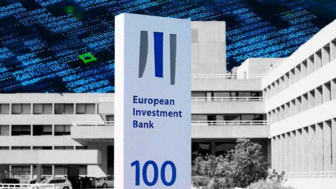 Montage showing brutalist office block with ‘European Investment Bank 100’ sign in front and sky made up of digital code