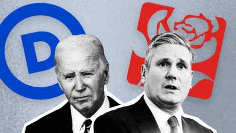 Montage image of Joe Biden and Keir Starmer with their respective party logos