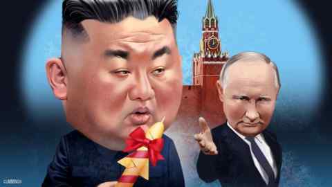 Joe Cummings illustration of Kim Jong Un holding a missile wrapped as a gift, with Vladimir Putin stretching out a hand behind him