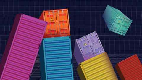 Efi Chalikopoulou illustration of shipping containers of different sizes and colours tumbling down