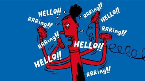 Illustration of angry woman with four arms and a phone in each hand with the words ‘Hello’ and ‘Rrrring’ repeated all over the background
