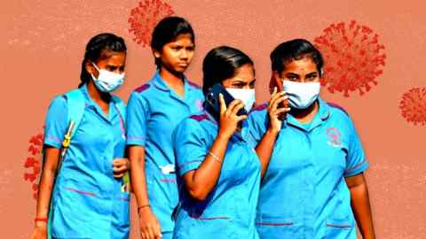 Gezondheidswerkers dragen gezichtsmaskers als ze een overheidsziekenhuis in Chennai, India, verlaten