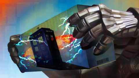 Ewan White illustration of robotic hands holding a boxset with a picture of Doctor Who’s police call box on it