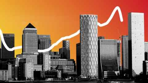Montage image showing Canary Wharf skyline with a graph showing a steady positive gradient, before a sharp drop towards the end