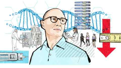 Illustration of Lars Fruergaard Jørgensen of Novo Nordisk, along with a double helix, people exercising, research equipment and a tape measure