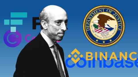 Gary Gensler, crypto logos and Department of Justice shield