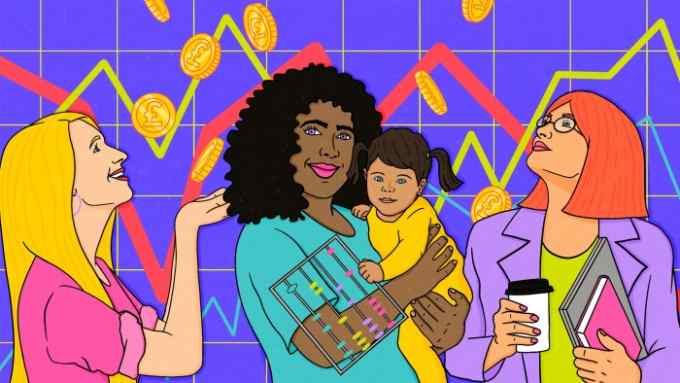 Illustration of three women, one holding a child with an abacus, against a background of economic charts