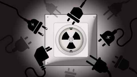 Illustration of a socket with its three holes shaping the nuclear symbol, with five plugs around it.