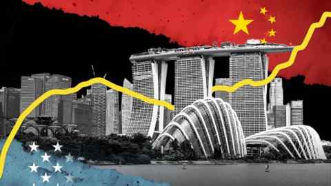 Montage image of Singapore’s skyline with illustrations representing China’s and the US’s flags
