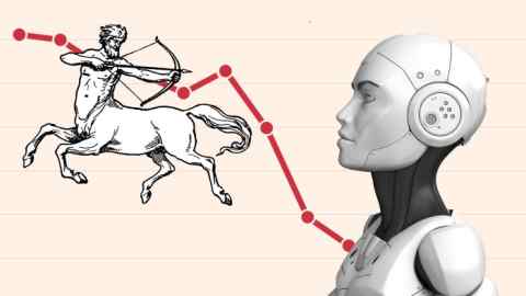 A composite image of a centaur, a chart line and a cyborg