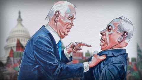 Illustration of Biden grabbing Netanyahu’s lapel and jabbing his finger towards his face
