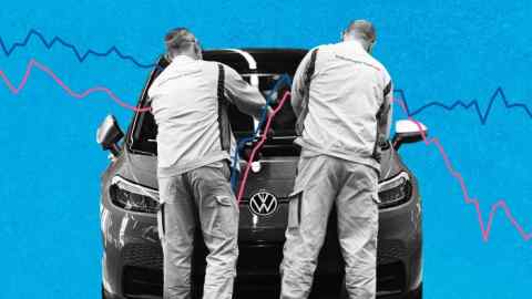 A montage of workers fixing a Volkswagen vehicle overlaid with fluctuating red and blue lines