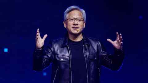Jensen Huang, co-founder and chief executive officer of Nvidia, speaks during a Hon Hai Precision Industry event in Taipei, Taiwan, in October