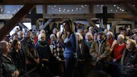 Nikki Haley addresses a crowd in Meridith, New Hampshire